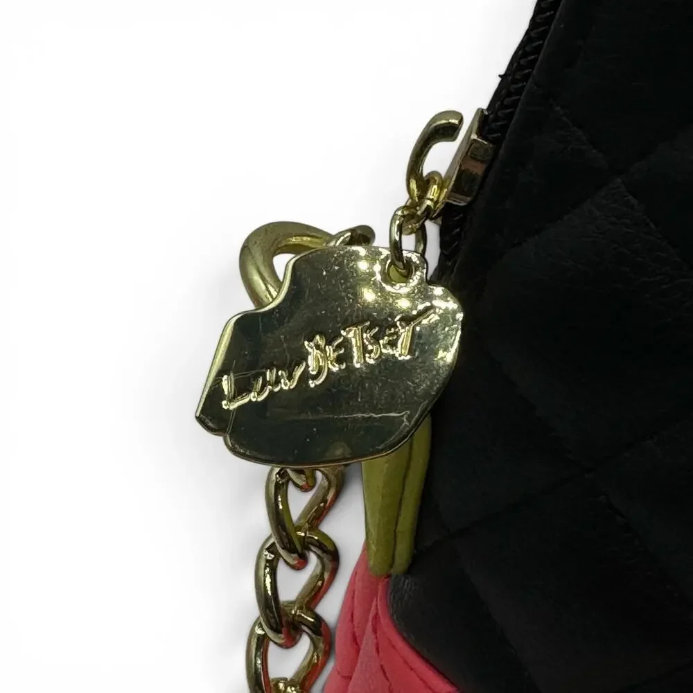 Luv Betsey by Betsey Johnson Black Pink Quilted Satchel Crossbody Bag Gold Chain